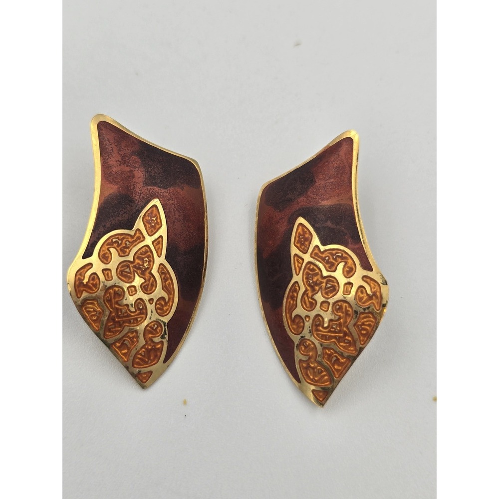 Edgar Berebi Vintage Gold Tone Red Brown Enamel‎ Abstract Stud Post Earrings
